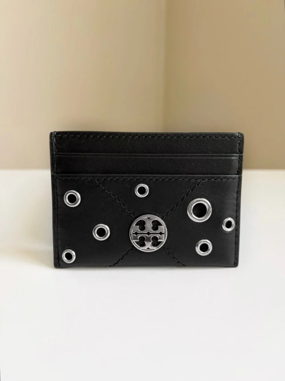 Tory Burch Black Leather Grommet Card Holder with Silver Logo